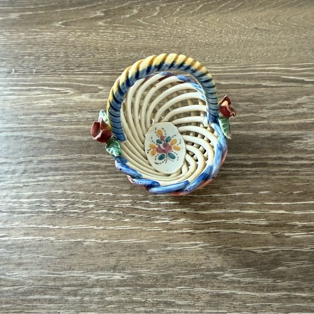 VINTAGE Handmade Multicolor Porcelain Ceramic Woven Basket Mini Made in Spain